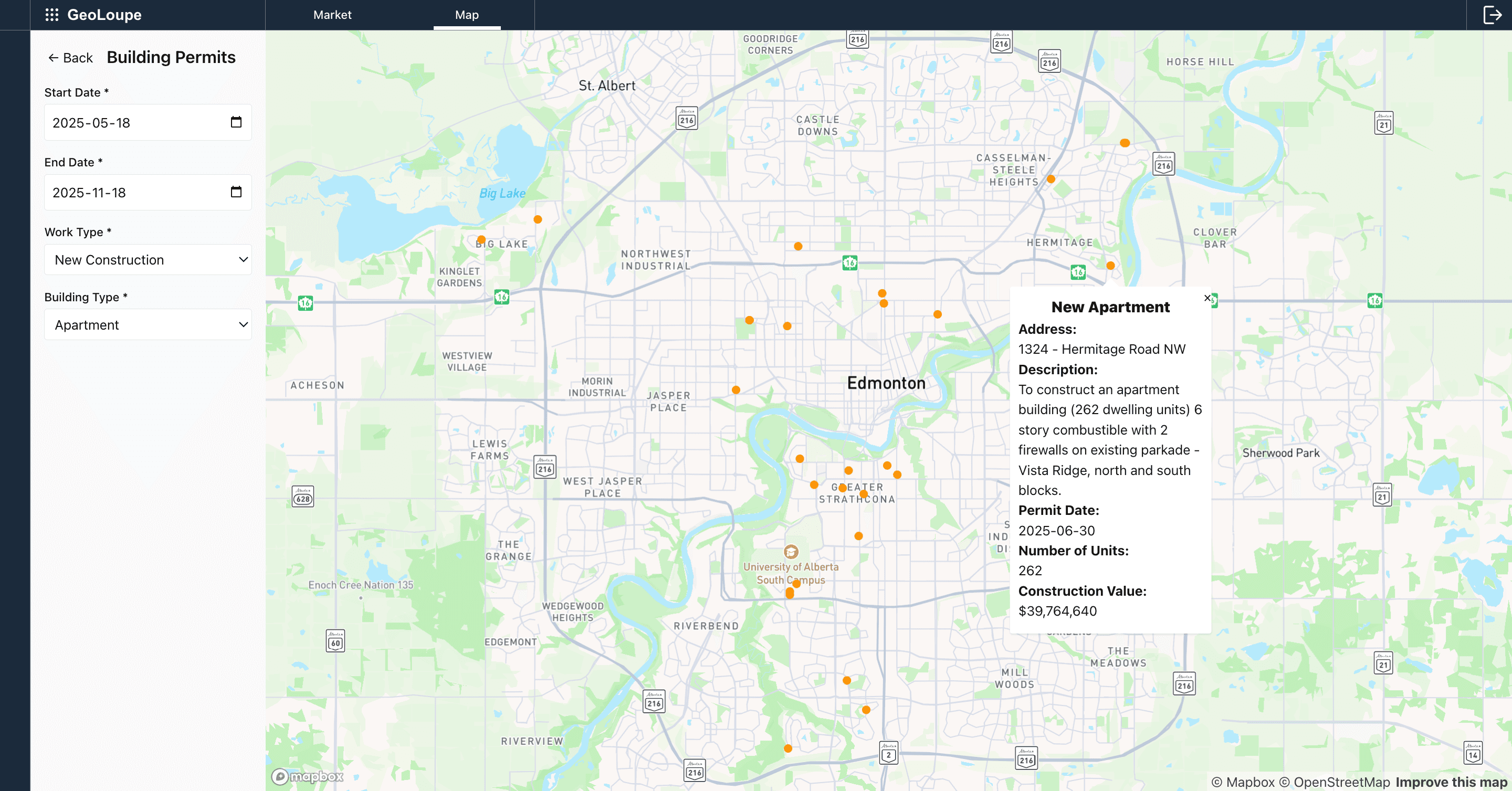 Map visualization of building permits showing development activity hotspots