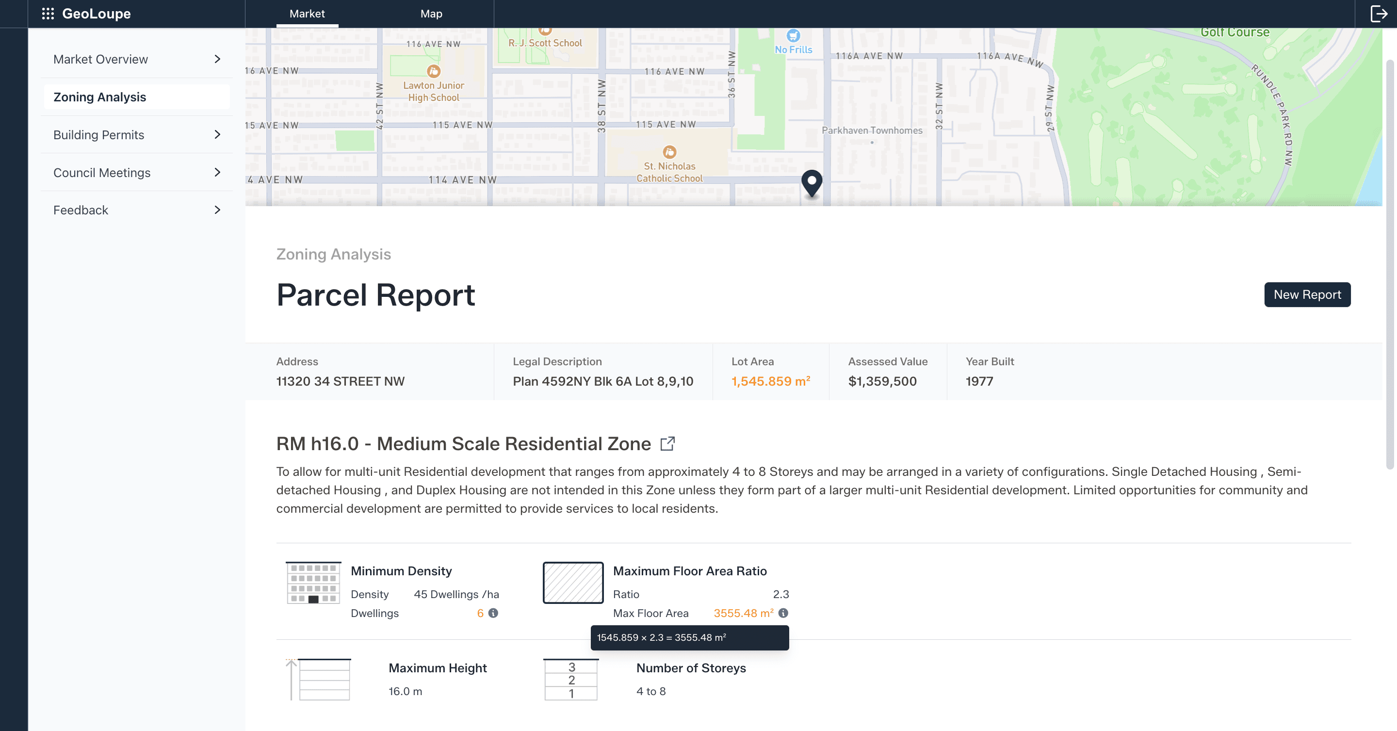 Detailed parcel analysis showing property information, zoning data, and assessment values