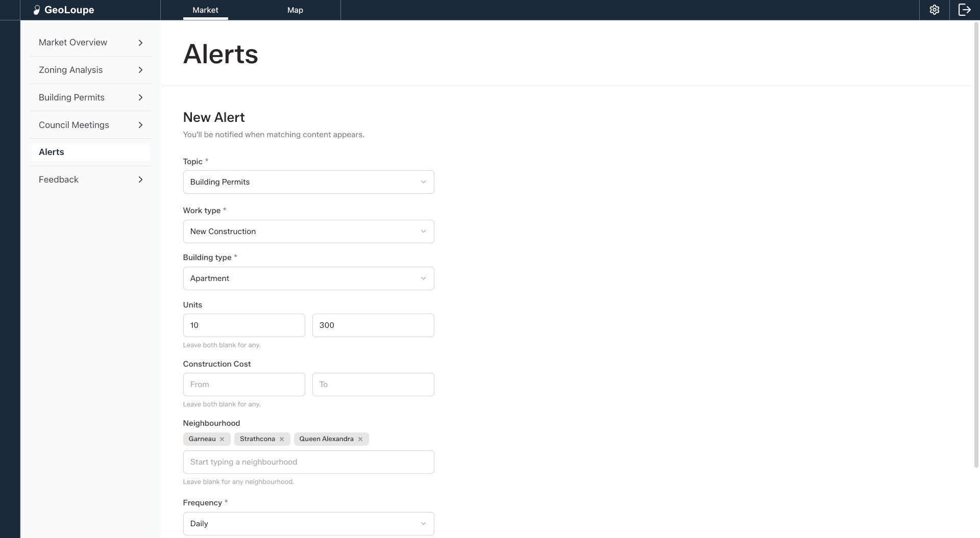 Alerts configuration form with custom criteria for notifications