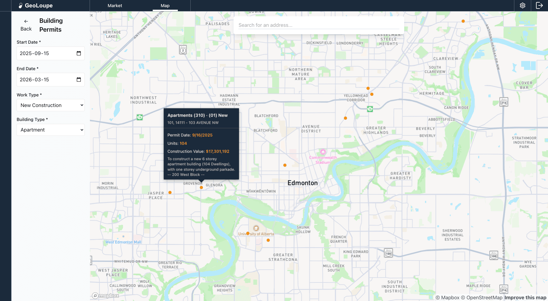 Map visualization of building permits showing development activity hotspots