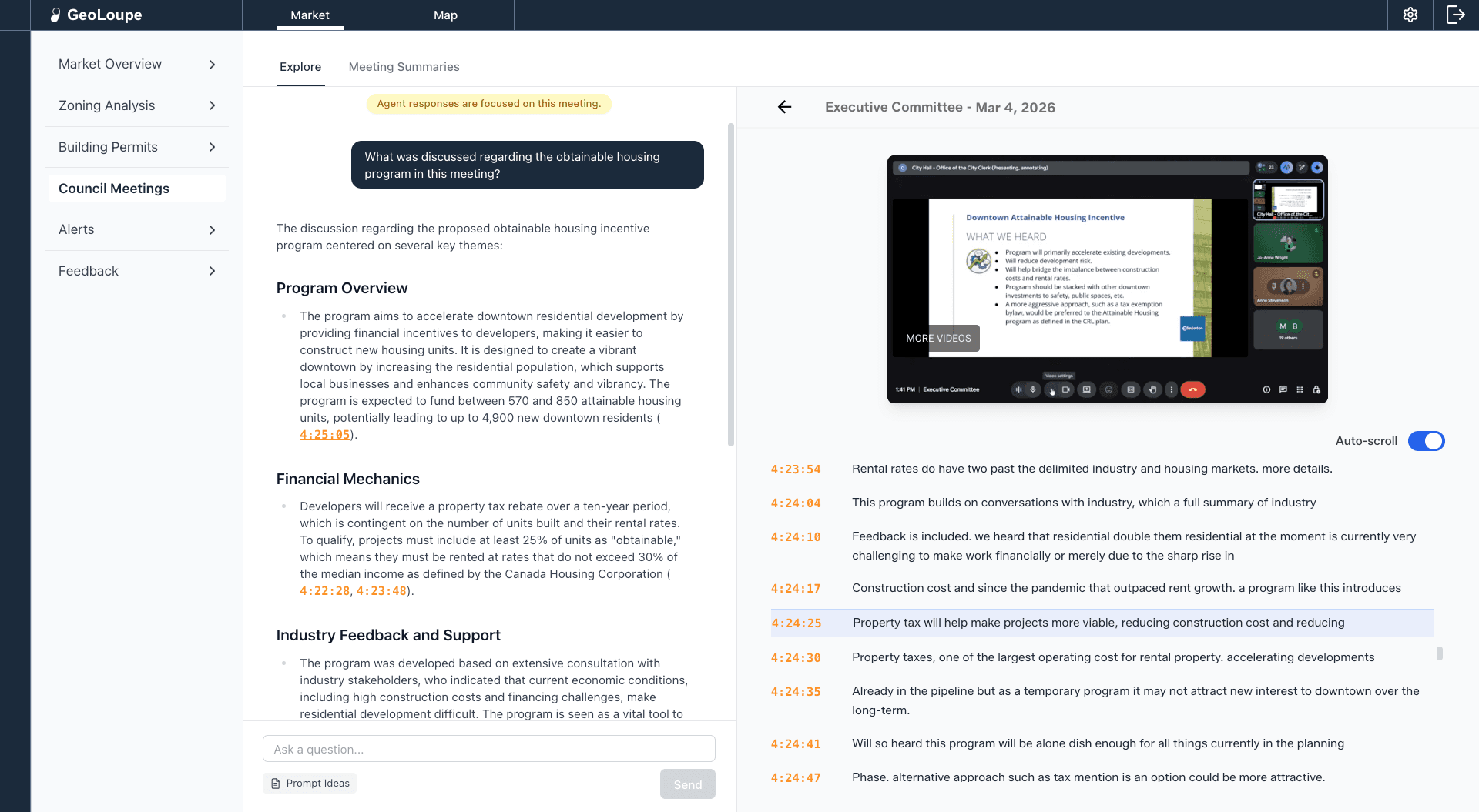 Council Agent analysis view with meeting insights and structured takeaways