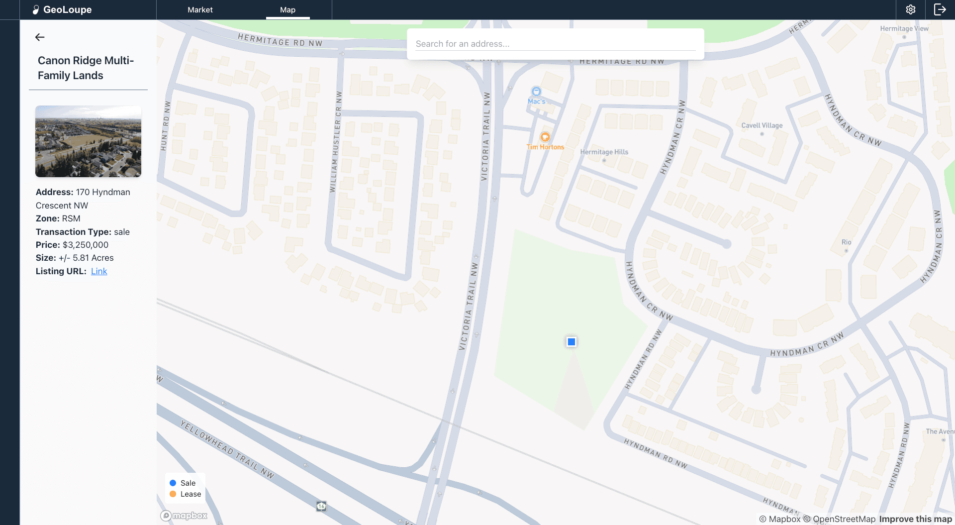 Interactive map showing commercial real estate properties