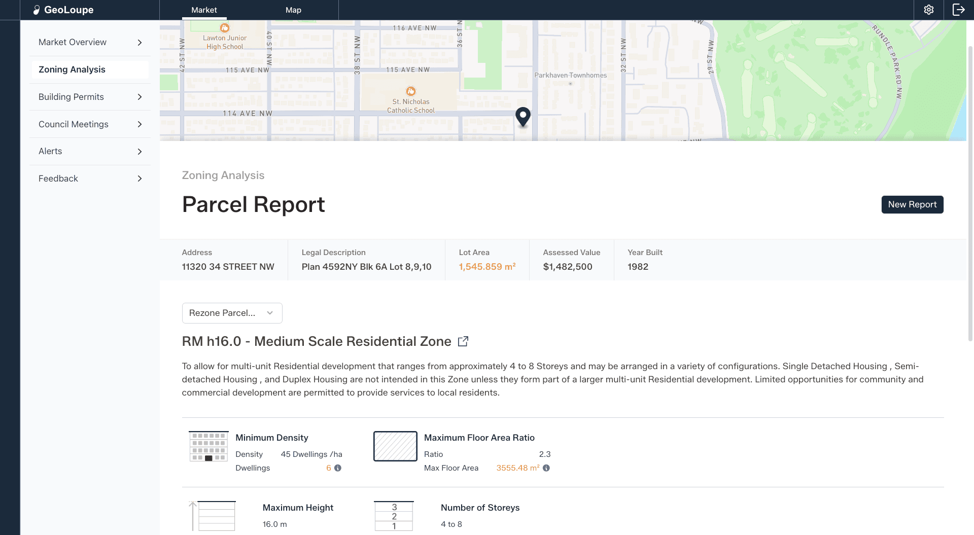 Detailed parcel analysis showing property information, zoning data, and assessment values